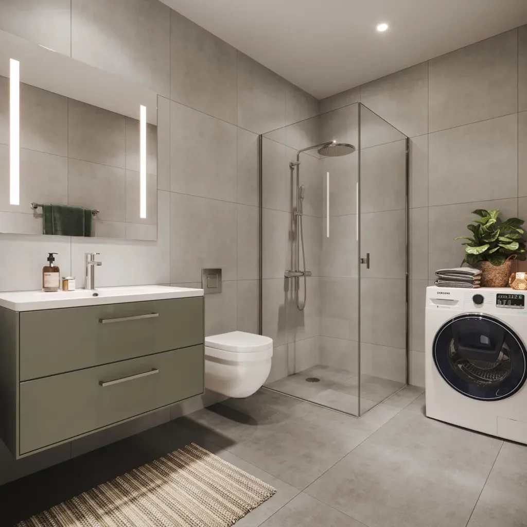 3D-visualisering av et bad, med speil, servant, toalett, dusjhjørne og vaskemaskin, i bygg C.