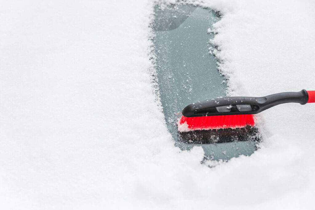 Bilrute dekket med snø og en småmåke som har fjernet en strike av snøen så ruta synes. 